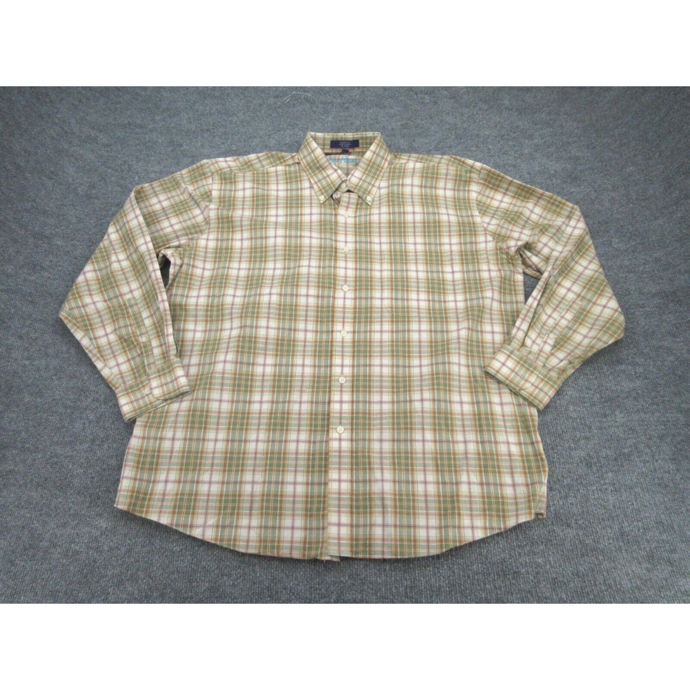 Alan Flusser Mens Button Down Regular Fit Green Tan Plaid Cotton Shirt XL